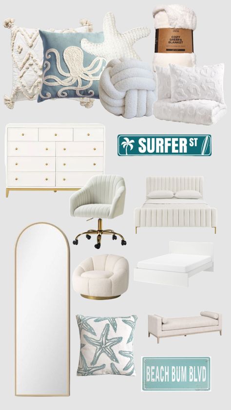 #cute #cuteroom #cuteroominspo #roominspo #inspo #clean #girl #cleangirl #aesthetic #cleanaesthetic #girlaesthetic #cleangirlaesthetic #trend #trending #fyp #foru #foryou #forupage #foryoupage #trend Clean Girl Room, Surf Room Decor, Coastal Room Decor, Beachy Room Decor, Bedroom Ideas For Small Rooms Cozy, Beach Room Decor, Surf Room, Ocean Room, White Room Decor