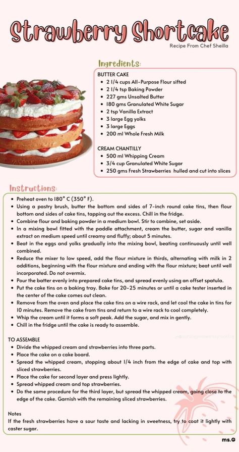 Baking Essentials For Beginners, Strawberry And Cream Cake Recipe, Different Dessert Recipes, Kue Strawberry, Aesthetic Recipe Book, Aesthetic Recipes, Cottagecore Recipes, Strawberry Shortcake Recipe, Homemade Recipe Books