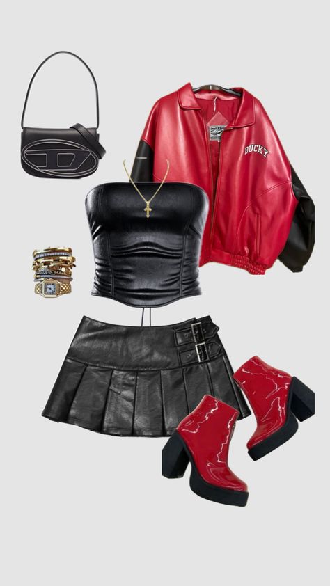 #badass #baddieootd #aesthetic Bikers Outfit, Badass Outfit, Cute Comfy Outfits, Swaggy Outfits, Red Outfit, Edgy Outfits, Kpop Outfits, Teen Fashion Outfits, Gothic Fashion