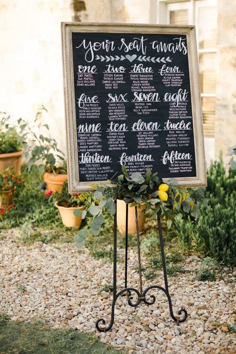 Loving this chalkboard seating chart accented with lemons and greenery. Prop up the framed seating chart on an easel at the reception entrance. Perfect for garden weddings and outdoor summer weddings with a French theme. Wedding design by Mint Event Design - see more French wedding inspiration at www.minteventdesign #weddingideas #weddinginspiration #chalkboardsigns #seatingcharts #outdoorwedding French Theme Wedding, Framed Seating Chart, Outdoor Bridal Showers, French Country Wedding, Reception Entrance, French Theme, Vintage Buffet, Garden Theme Wedding, Blue Glassware