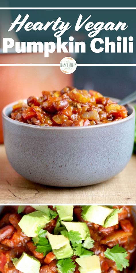 As the weather cools down, all I want are easy, comforting meals. That's why I love this Pumpkin Chili! It's quick to prepare and provides a unique spin on traditional chili. Plus it's vegan and gluten free! Definitely a crowd pleaser this holiday season! #vegan #vegetarian #pumpkin #pumpkinspice #chili #vegetarianchili #beanchili #veganchili #pumpkinchili #thanksgiving #fall #soups #stews via theconscientiouseater.com Vegan Pumpkin Chili, Vegetarian Pumpkin Chili, Quick Vegan Dinner Recipes, Comforting Meals, Pumpkin Chili Recipe, Vegetable Chili, Easy Vegan Lunch, Vegan Pumpkin Recipes, Savory Pumpkin Recipes