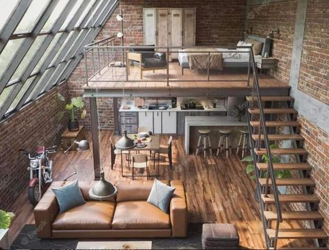 Loft Apartment Industrial, Loft House Design, Indoor Balcony, Industrial Home Design, Loft Interior Design, Small Loft, Loft Interiors, Loft Decor, Loft House