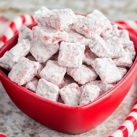 Festive Holiday Peppermint Candy Cane Puppy Chow Recipe - My Home Made Recipe Peppermint Puppy Chow Recipe, Peppermint Puppy Chow, Baltimore Crab Cakes, Puppy Chow Recipe, Andes Mint Chocolate, Snacks And Appetizers, Chow Recipe, Crushed Peppermint, Frosty Recipe