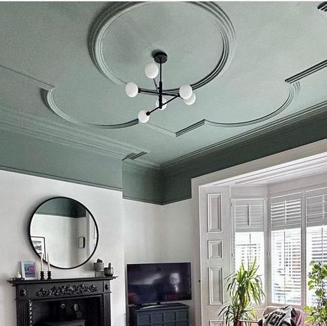 Top Half Of Wall And Ceiling Painted, Blue Painted Ceiling Bedroom, Rooms With Picture Rails, Painted Ceiling With Crown Molding, Ceiling Darker Than Walls, Ceilings And Walls Painted Same Color, Painted Ceiling Living Room, Edwardian Ceiling, Painted Ceiling Ideas Living Room