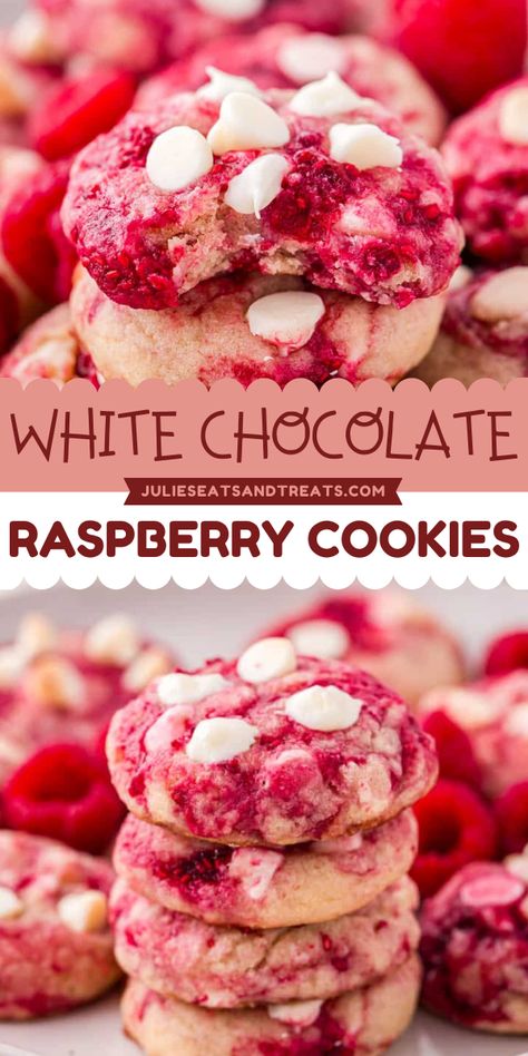 Here's a delicious summer dessert idea! This White Chocolate Raspberry recipe is a perfect blend of sweet buttery cookies loaded with white chocolate chips and frozen raspberries. Serve this burst-in-flavor cookie and pin for your simple 4th of July dessert! White Chocolate Raspberry Cookies, Dessert Recipes Chocolate, Chocolate Raspberry Cookies, Raspberry White Chocolate Cookies, Raspberry Cookie Recipes, Fruity Cookies, Strawberry Shortcake Cookies, Easy Homemade Cookies, White Chocolate Cranberry Cookies