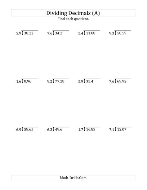 The Dividing Decimals by 2-Digit Tenths (A) math worksheet from the Decimals Worksheet page at Math-Drills.com. Decimal Division, Decimal Multiplication, Grade 5 Math Worksheets, Math Division Worksheets, Long Division Worksheets, Adding Decimals, Multiplying Decimals, Dividing Decimals, Math Practice Worksheets