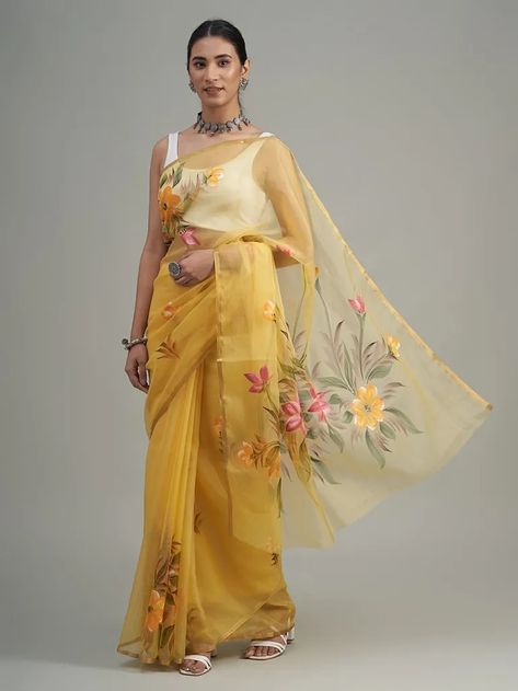 Buy Yellow Hand Painted Organza Saree | PTT10JAN108/PTT10JAN | The loom Yellow Hand Painted Saree, Yellow Organza Saree, Hand Painted Organza, Farewell Saree, Farewell Sarees, Painted Saree, Fabric Painting On Clothes, Flower Drawing Design, Indian Saree Blouse