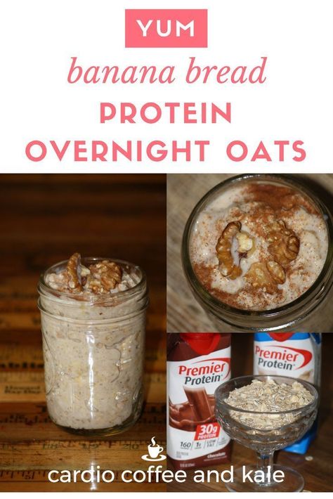 Banana Bread Protein Shake, Premier Protein Overnight Oats Healthy, Fairlife Nutrition Plan Recipes, Overnight Oats With Premier Protein Shakes, High Protein Overnight Oats Low Carb, Espresso Overnight Oats, Banana Bread Overnight Oats, Protein Drink Recipes, Overnight Oats In A Jar