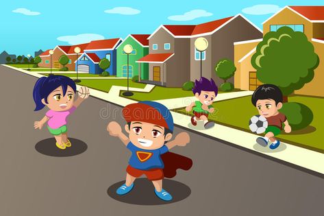 Kids playing in the street of a suburban neighborhood. A vector illustration of happy kids playing in the street of a suburban neighborhood stock illustration Neighborhood Illustration, Happy Neighborhood, Driving Memes, Suburban Neighborhood, Train Vector, Teacher Info, Basketball Background, Trucker Humor, Picture Composition