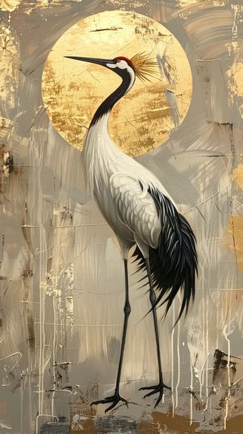 The painting is of a Japanese crane standing in front of a golden sun. The crane is white with black-tipped wings and a red crown ->> more details in ai-img-gen.com White Crane Painting, Crane Bird Art, Japanese Crane Painting, Japanese Crane Drawing, Golden Art Painting, Japanese Crane Art, Japanese Art Painting, Boat Painting Acrylic, Crane Painting