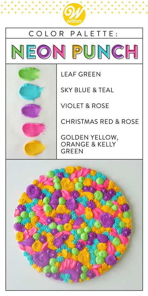 Bright and bold shades of summer in this Neon Punch this icing color palette! Get creative with this color palette using your favorite tips and techniques! Recreate the swatch using a combination our icing colors #wiltoncakes #sweeterincolor #colorpalette #buttercream #cakedecorating #wiltontips #pipingtips #buttercreamfrosting #colorswatch #colorpalette #inspiration #cakeinspo #dessertideas #dessert #frosting #recipes #cakes #cakeideas #decoratingtips #icing #homemade #baking #easy #colorful Icing Color Palette, Frosting Color Chart, Frosting Color Guide, Icing Color Chart, Neon Cupcakes, Neon Punch, Neon Food Coloring, Wilton Icing, Baking Easy