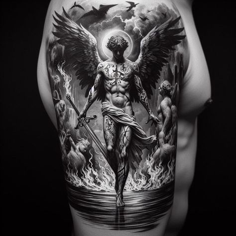 Creative Tattoo Sketches, Rise Again Tattoo, Heaven Vs Hell Tattoo, Angels Vs Demons Tattoo, Lucifer Tattoo Design, Best Shoulder Tattoos Men, Angel Vs Demon Tattoo, Arch Angel Michael Tattoo, Angel And Demon Tattoo