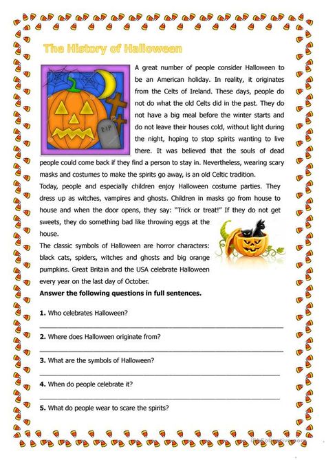 Halloween Reading Activity, Halloween Worksheets Free, Halloween Reading Comprehension, Halloween Worksheet, History Of Halloween, Halloween Lesson, Halloween History, Halloween Text, Halloween Reading