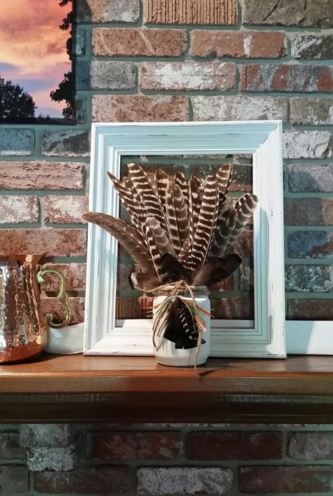 Decorating With Turkey Feathers, Turkey Feather Mount Ideas, Turkey Feather Crafts, Turkey Feather Display, Pheasant Tail Feathers Decor, Turkey Feather Wreath, Pheasant Decor, Turkey Feather Decor, Turkey Tail Feather Mounts