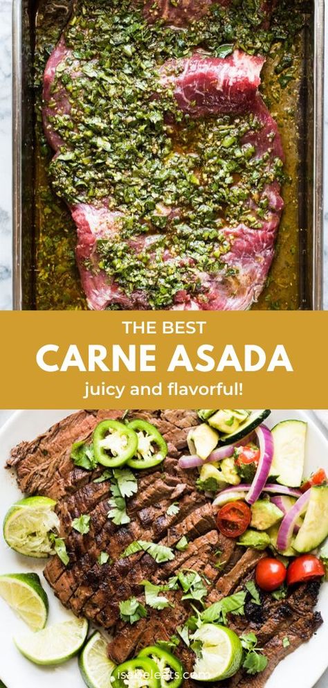 A delicious carne asada recipe made from marinated flank steak or skirt steak and grilled until tender and juicy. A great addition to any Mexican meal, this authentic recipe is made with olive oil, lime juice, garlic, cumin, oregano and other simple ingredients. #carneasada #skirtsteak #beef Grilled Carne Asada, Carne Asada Recipe, Homemade Salsa Verde, Carne Asada Recipes, Skirt Steak Recipes, Authentic Mexican Recipes, Marinated Flank Steak, Flank Steak Recipes, Mexican Dinner