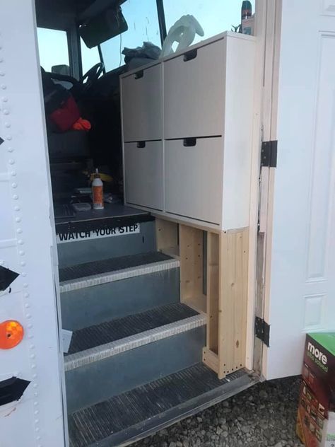 Skoolie Cabinets, Skoolie Front Door, School Bus Tiny House, School Bus House, Rv Bus, Coat Storage, Short Bus, Bus Living, School Bus Conversion