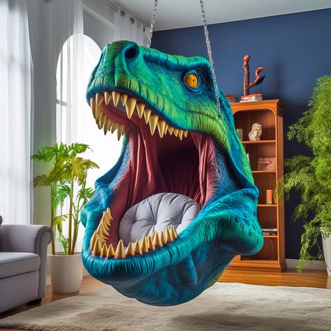 These Hanging Dinosaur Loungers Will Have Your Kids Swinging into the Jurassic Age! Dinosaur Head, Kids Labels, Ancient Tree, Stone Texture, Clearance Sale, Hanging Chair, Lounge Chair, Creative Design, Kids Room