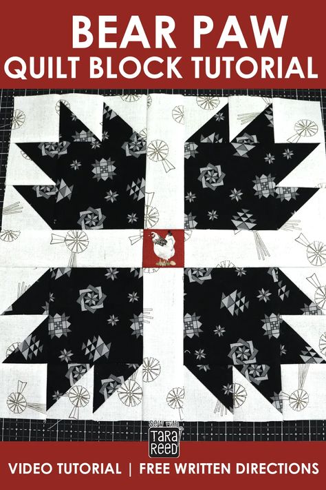 Free Quilt Block Tutorial: How to Sew a Bear Paw Quilt Block. Learn how to make HSTs 8 at a time, fussy cut and assemble the block. Video Tutorial and free written tutorial. Bear Quilts Pattern, Bear Paw Quilt Pattern Free, Bear Paw Quilt Block, Bear Paw Quilt, Bear Quilts, Bear Paws, Quilt Block Tutorial, Free Quilting, Quilt Patterns Free