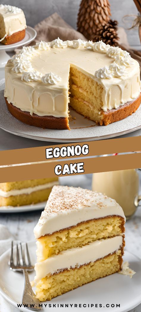 🎄 Indulge in the festive flavors of the season with this delightful Eggnog Cake! Moist and tender cake layers infused with rich eggnog and warm spices, topped with creamy eggnog frosting. Perfect for holiday gatherings and sure to impress your guests! #myskinnyrecipes #EggnogCake #HolidayBaking #ChristmasDesserts #FestiveTreats 🍰 Boozy Eggnog Cake, Eggnog Cake Pops, Spiced Eggnog Cake, Eggnog Dump Cake, Egg Nog Cake Recipes, Eggnog Recipes Desserts, Egg Nog Cheesecake Recipe, Egg Nog Desserts Recipes, Winter Cake Recipes