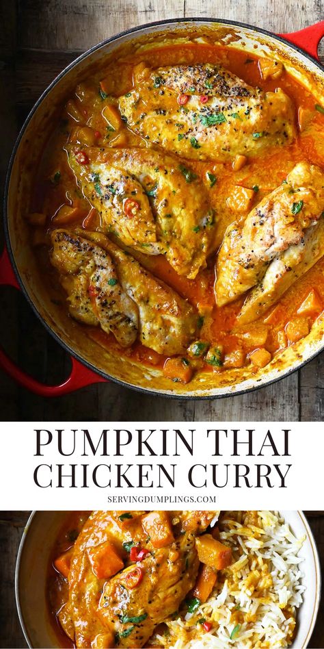 Pumpkin Thai Chicken Curry Serving Dumplings, Chicken Fillets, Thai Chicken Curry, Salt Recipes, Chicken Pumpkin, Coconut Curry Sauce, Dinner Chicken, Comfort Food Recipes Dinners, Thai Dishes