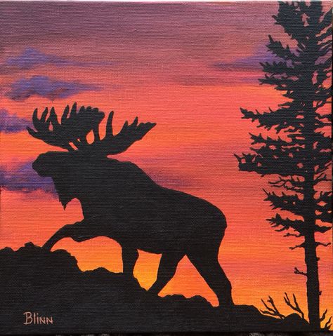 The Creative Shop - Lewiston ID | Square market all artwork available $45 plus shipping Shannon Blinn, original Silhouette of a Moose 8"x8" artwork on canvas board #art #original #animal #bird #spider #silhouette #beauty #sunset #sunrise Moose Paintings On Canvas, Moose Acrylic Painting Easy, Easy Moose Painting, Animal Silhouette Painting, Moose Paintings, Bird Silhouette Painting, Deer Silhouette Painting, Moose Drawing, Acrylics Ideas