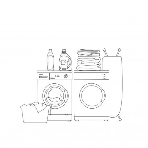 Laundry Machine Drawing, Doing Laundry Drawing, Laundry Room Sketch, Washing Machine Doodle, Laundry Line Art, Laundromat Drawing, Laundry Room Drawing, Drawing Of Room, Washing Machine Drawing