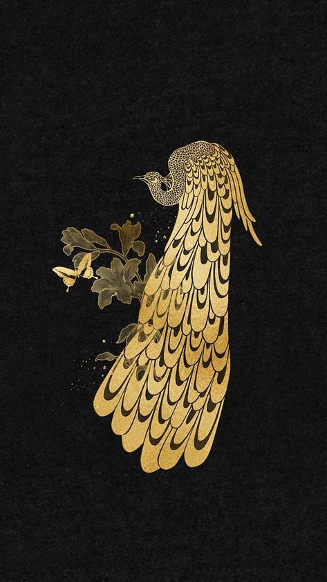 Gold peacock, black iPhone wallpaper, remixed by rawpixel | premium image by rawpixel.com / Adjima Mobile Wallpaper Black, Black And Yellow Wallpaper, Peacock Aesthetic, Cute Peacock, Peacock White, Animal Collage, Colour Aesthetic, Black Peacock, Gold Peacock