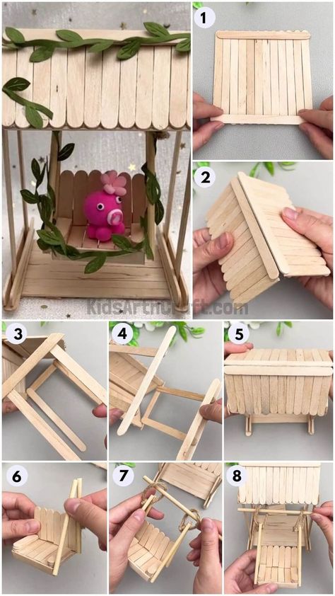 Things You Can Make Out Of Popsicle Sticks, Popsicle Stick Picnic Table, Fairy House Popsicle Sticks, 3d Popsicle Stick Crafts, Cool Things To Do With Popsicle Sticks, Popsicle Stick Mini Furniture, Popsicle Stick Flowers, Lollipop Sticks Craft Ideas, Things To Make With Popsicle Sticks Diy