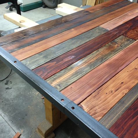 rustic table using wood and metal Multi Color Stained Wood Table, Wood Table Rustic, Diy Kitchen Table, Reclaimed Wood Desk, Rustic Farmhouse Table, Reclaimed Wood Table, Reclaimed Wood Coffee Table, Cool Tables, Table Top Design