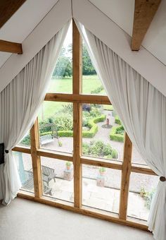 voile double pleat curtain for a triangular window | Living room ... Triangle Window, Loft Windows, Gable Window, Oak Windows, Attic Window, Custom Drapes, Attic Rooms, Window Room, Bedroom Windows