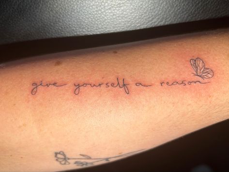 Noah Kahan Quote Tattoo, Tattoo Ideas Book Quotes, Lyric Tattoos Noah Kahan, Tattoo Ideas Noah Kahan, Everywhere Everything Noah Kahan Tattoo, Noah Kahan Tattoos Call Your Mom, Give Yourself A Reason Tattoo, Noah Kahn Tatoos, Noah Kahan Tattoo Ideas