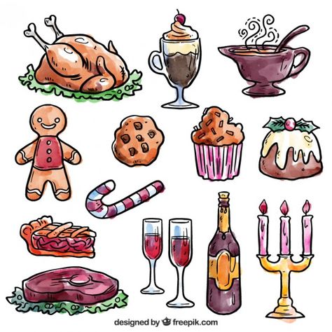 Hand painted christmas dinner elements Free Vector Xmas Sticker, Christmas Doodles, Christmas Card Art, Hand Painted Christmas, Diy Christmas Cards, Food Drawing, Christmas Card Design, Christmas 2019, Halloween Stickers