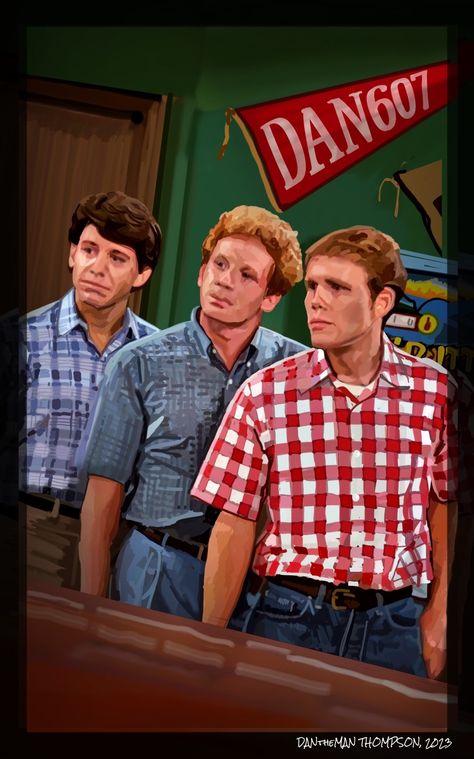 #DANtheMAN607 illustration • Happy Days, ( TV Show, January 15, 1974, to July 19, 1984) Anson Williams as Potsie Weber, Don Most as Ralph Malph, and Ron Howard Richie Cunningham Richie Cunningham, Anson Williams, Happy Days Tv Show, Fonzie Happy Days, Laverne & Shirley, Mork & Mindy, Ron Howard, Cocktail List, Those Were The Days