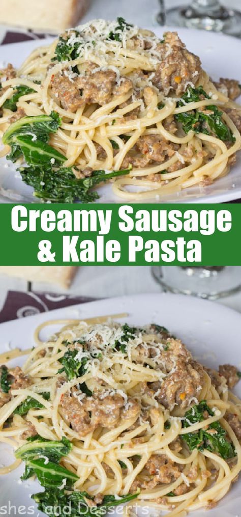 Sausage & Kale Pasta - only 5 ingredients and you’ll have a hot and hearty dinner on the table in under 25 minutes! Sausage And Kale Pasta, Sausage Kale Pasta, Kale Pasta Recipe, Ground Sausage Recipes, Sausage And Kale, Pork Sausage Recipes, Sausage Kale, Kale Pasta, Kale Recipes