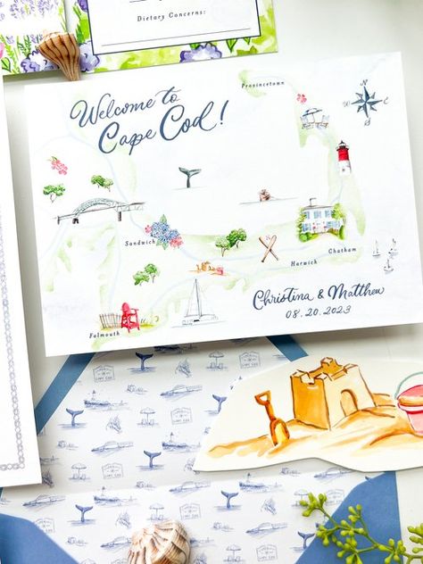 WEDDING INVITATIONS — Lexi Mayde Cape Cod Wedding Invitations, Vineyard Wedding Venues, Cape Cod Wedding Venues, Watercolor Wedding Map, Vineyard Wedding Invitations, Whimsical Wedding Invitations, Marthas Vineyard Wedding, Watercolor Crest, Illustrated Maps