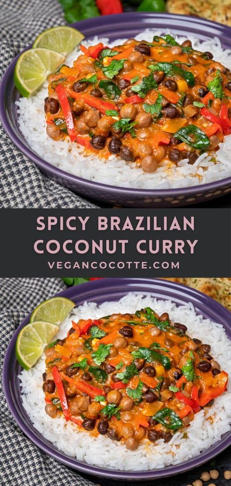 Spicy Brazilian Coconut Curry with Chickpeas Brazilian Spicy Coconut Sauce, Spicy Indian Food Recipes Vegetarian, Vegetarian Carribean Food, Vegan Brazilian Recipes, Coconut Vermicelli, Spicy Coconut Curry, Curry With Chickpeas, Brazilian Recipes, Chickpea Coconut Curry