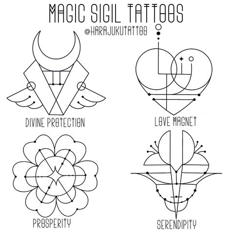 Magic sigil tattoos by @harajukutattoo protection sigil, love sigil, prosperity sigil, and serendipity sigil. Love Sigil Tattoo, Angel Of Protection Tattoo, Spiritual Protection Tattoos, Tattoo Sigil, Divinely Protected Tattoo, Serendipity Tattoo Symbols, Protection Sigils Tattoo, Love Sigils Symbols, Self Love Sigils Symbols