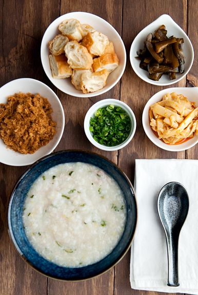 Congee with Pork Sung, Sliced Chinese Fritters, Chinese Pickled Cucumber, Chili Bamboo Shoots Green Onions Chicken Congee Recipe, Chicken Congee, Congee Recipe, Taiwanese Breakfast, Chinese Breakfast, Masakan Malaysia, Pickled Cucumber, Taiwanese Food, Chinese Chicken