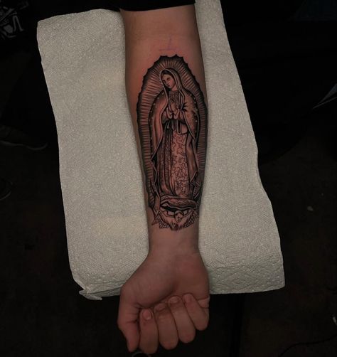 Virgin Mary Tattoo, Meaningful Wrist Tattoos, Mary Tattoo, Cross Tattoos For Women, Hand Tattoos For Girls, Saved Tattoo, Pretty Hand Tattoos, Pretty Tattoos For Women, Arm Band Tattoo