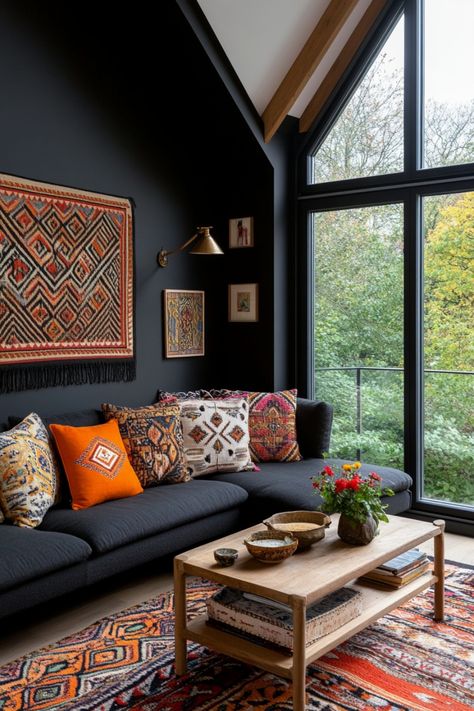 Design your very own stunning dark boho living room with these simple tips. Artistic Living Room Ideas, Black Boho Living Room, Black Couch Living Room Decor, Rustic Boho Living Room, Black Couch Living Room, Dark Boho Living Room, Black Couches, Boho Sofa, Boho Living Room Decor