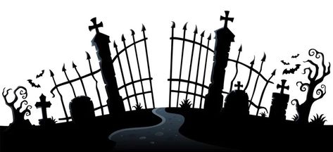 Cemetery Entrance, Halloween Windows, Black And White Coloring Pages, Halloween Cemetery, Nightmare Before Christmas Tattoo, Halloween Graveyard, Laser Cut Wood Crafts, Halloween Silhouettes, Halloween Artwork