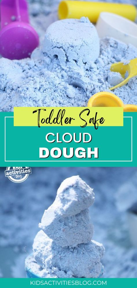 Toddler Safe Cloud Dough is simple and easy to make using our 2 ingredient cloud dough recipe. This cloud dough is toddler safe because it is made without baby oil or cornstarch. You can color it with a third non-toxic ingredient making it perfect for use in sensory bins or as sensory play. Cornstarch Dough, Cloud Dough Recipe, Cloud Dough Recipes, Homemade Dough Recipe, Sensory Dough, Cloud Dough, Playdough Recipe, Homemade Dough, Easy Toddler