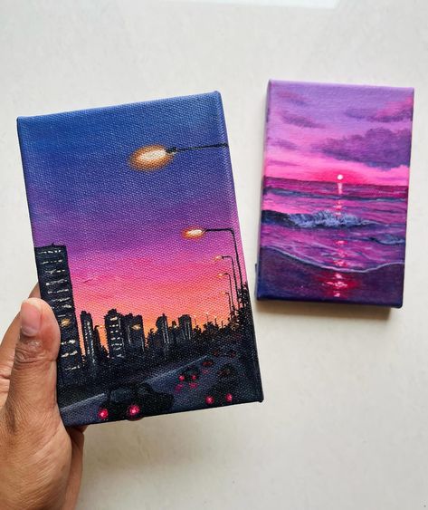 Seascape or Cityscape?💗 (shipping worldwide) Both available for sale. Acrylic paints on 4*6 inches stretched canvas. DM to buy. [acrylic painting, gouache, canvas, sea, beach, purple, aesthetic, sunset, nature] #acrylic #acrylicpainting #painting #canvaspainting #naturelovers #sunsets #city #artistsoninstagram Purple Sunset Aesthetic Painting, Vaporwave Acrylic Painting, City Acrylic Painting, Art Markers Drawing, Canvas Art Painting Acrylic, Purple Sunset, Aesthetic Painting, Marker Drawing, Cute Easy Drawings