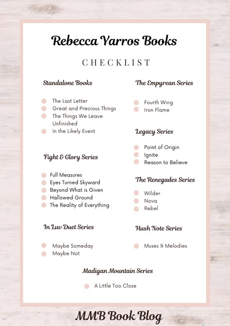 Discover the enchanting world of Rebecca Yarros' books in order, perfect for book lovers and fans of Greek mythology. Explore her captivating reading list today!rn Rebecca Yarros Books, Fitness Notebook, Reading Checklist, Book Series To Read, Book Checklist, Money Journal, Turn To Page 394, Page 394, Reading Boards