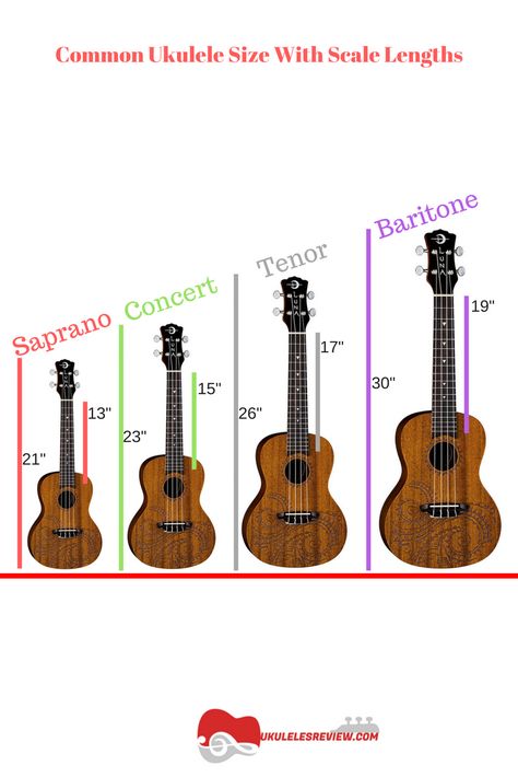 Common Ukulele Sizes With Scale Lengths Ukulele Scales, Ukulele Diy, Ukulele Sizes, Ukulele Kids, Banjo Ukulele, Ukulele Art, Uke Songs, Luthier Guitar, Famous Guitars