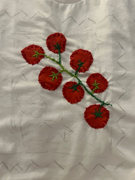 tomato, embroidery, art project, summer craft, shitty art, t shirt, tomatoes, tomato vine, sewing, hand sewing, art, red, baby tee Tomato Embroidery Pattern, Homemade Tshirt Ideas, Tee Shirt Embroidery, Embroidered Tee Diy, Tomato Applique, Embroidery Inspiration Aesthetic, Sewing Flowers On Clothes, Tomato Craft, Embroidered Tomato