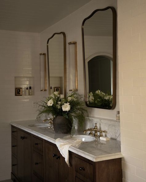 Rh Bathroom Restoration Hardware, Bathroom Long Counter, Vintage Glam Interior, Moody Organic Modern Bathroom, Master Bath No Windows, Primary Bath Inspiration, European Inspired Bathroom, Bathroom Mirror Double Vanity, Jake Arnold Bathroom