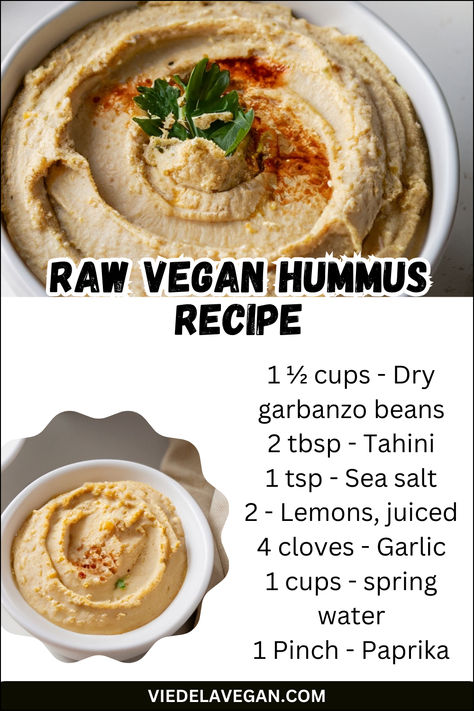 Raw Vegan Hummus Recipe Raw Chickpea Recipes, Raw Hummus Recipe, Raw Vegan Meal Plan, Chickpea Hummus Recipe, Raw Vegetables Recipes, Vegan Hummus Recipe, Raw Food Snacks, Vegan Dip Recipes, Low Fat Vegan Recipes