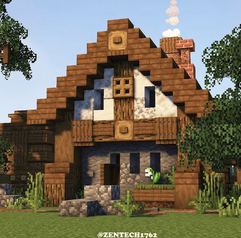 Minecraft Woodcutter House, Spruce Biome House Minecraft, Minecraft Conservatory, Minecraft Cartographer House, Rustic Minecraft House, Minecraft Shack, Minecraft Chimney, Medieval House Minecraft, House Ideas Minecraft