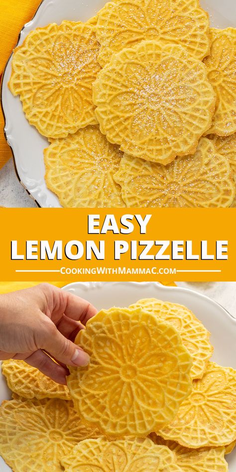 Lemon Pizzelle Cookies Pizzelle Recipe Italian Vanilla, Lemon Pizzelle Recipe Italian, Healthy Pizzelle Recipe, Anise Pizzelle Recipe, Pumpkin Spice Pizzelles, Pizelle Recipe Easy, Windmill Cookies Recipe Dutch, Gingerbread Pizzelle Recipe, Pizzle Cookies Pizzelle Recipe